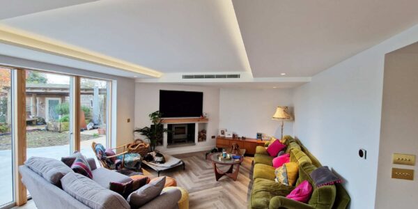 Photo of bright, colourful open plan living area.