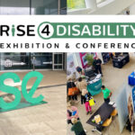 Photos of Rise event outside and inside inside the venue with graphic reading 'Rise4Disability Exhibition & Conference'