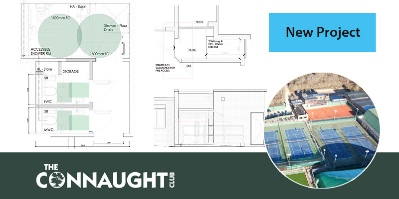 Banner image with floor plans showing accessible adaptations for the Connaught Club Sports Facility in Chingford, East London.