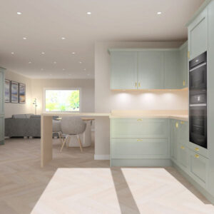 3D render of Freedom wheelchair accessible kitchen diner design for multi-generational family carer-inclusive home.