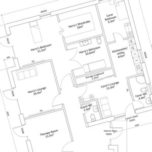 Floor plan of Freedom home design for wheelchair user with adjoining carer accommodation suite.