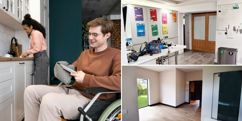 Carer-Inclusive Accessible Home Design banner. Man in wheelchair and woman together in the kitchen.