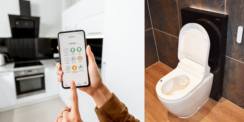 Assistive Home Technology banner with images of a smart home device and remote control toilet.