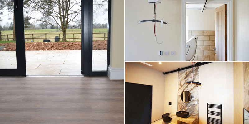 M4(3) Wheelchair Accessible Design banner with images of level threshold to patio and two modern bathrooms with celing hoists.