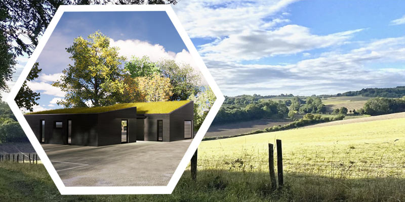 Beautiful plot of land in Kent overlaid with artists impression of a bespoke designed accessible home.