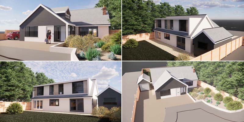 4 rendered images of modern disability adapted accessible holiday home in Dorset submitted for planning by Freedom.