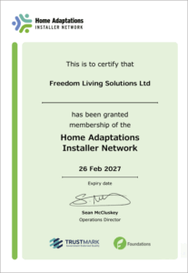 HAIN TrustMark Certificate 2026 Image of Freedom's Home Adaptations Installer Network and TrustMark Certificate. Click to download as a PDF