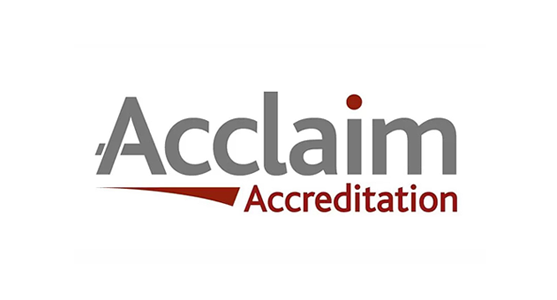 Acclaim Accreditation logo in grey and dark red lettering