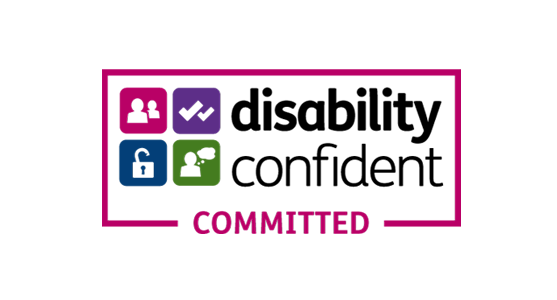 Disability Confident Committed logo with colourful text and graphic symbols