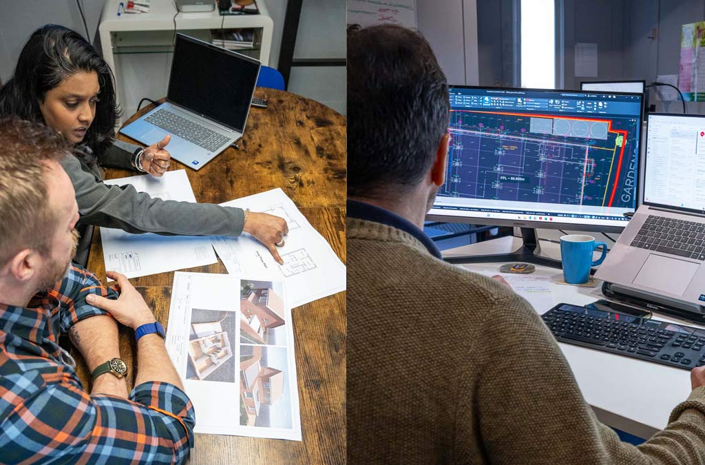 Freedom Design and Management Photos of two males and female working on designs for an accessible house.