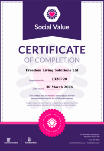Social Value Certificate 2026 Thumbnail image of Freedom Living Solution's Social Value Certificate 2026 in PDF format. Click to view or download.