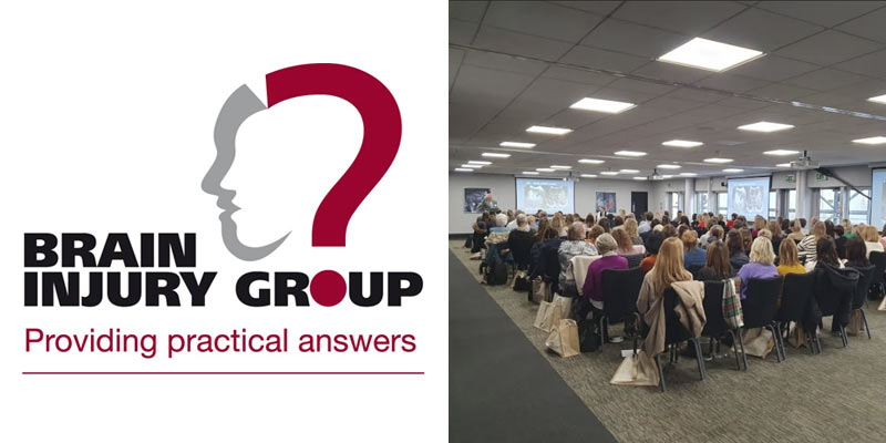 Brain Injury Group logo alongside an image of members at a seminar in Kent.