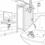 Tecnical lilne drawing of a disability adapted bathroom with ceiling hoist track system and hydro bath.